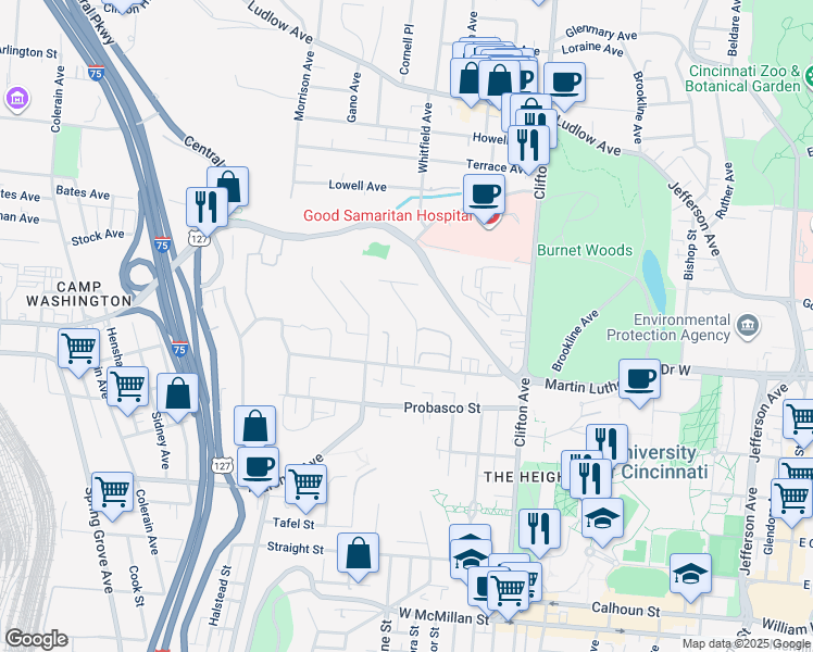 map of restaurants, bars, coffee shops, grocery stores, and more near 508 Riddle Road in Cincinnati