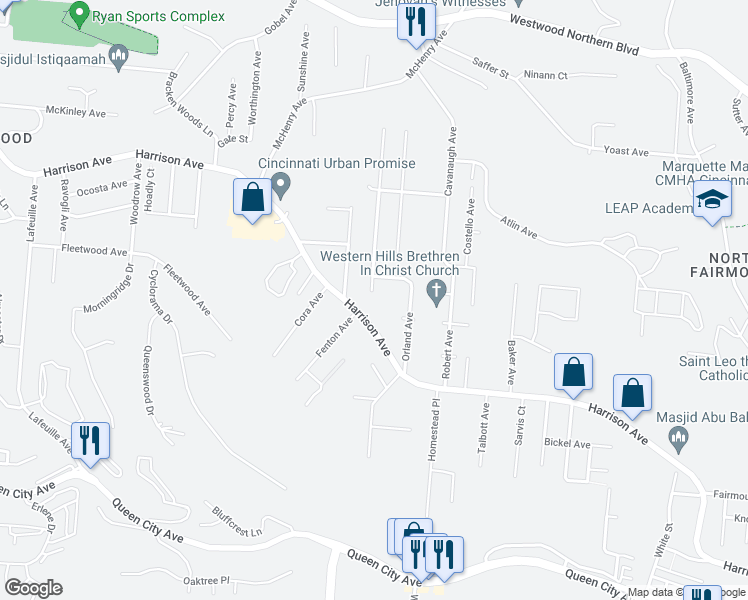 map of restaurants, bars, coffee shops, grocery stores, and more near 2294 Harrison Avenue in Cincinnati