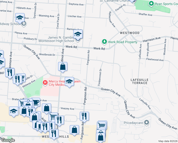 map of restaurants, bars, coffee shops, grocery stores, and more near 2940 Ferguson Road in Cincinnati