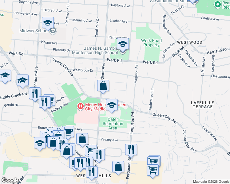 map of restaurants, bars, coffee shops, grocery stores, and more near 3072 Queen City Avenue in Cincinnati