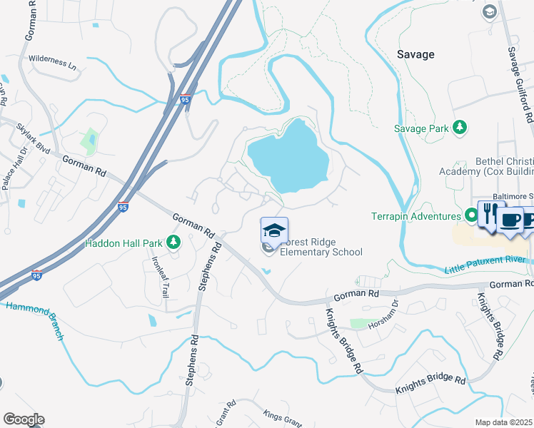 map of restaurants, bars, coffee shops, grocery stores, and more near 8612 Saddleback Place in Laurel