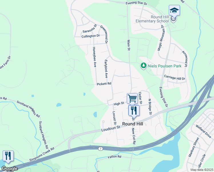 map of restaurants, bars, coffee shops, grocery stores, and more near 2 Broken Arrow Road in Round Hill