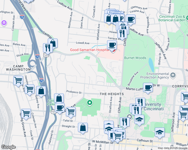 map of restaurants, bars, coffee shops, grocery stores, and more near 506 Riddle Road in Cincinnati