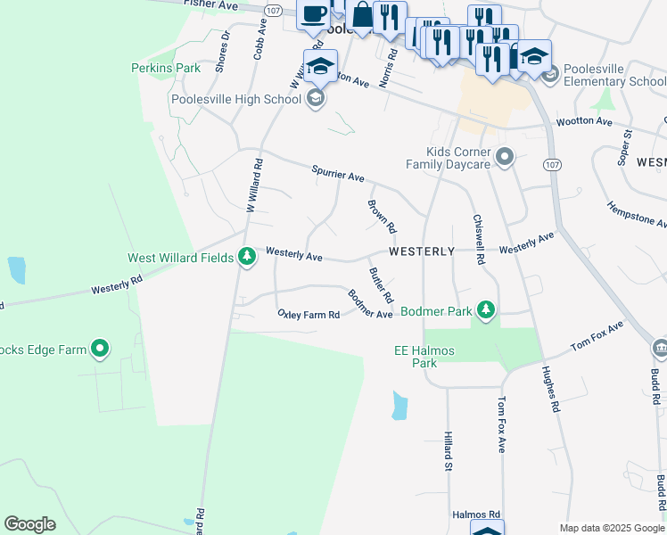 map of restaurants, bars, coffee shops, grocery stores, and more near 19916 Westerly Avenue in Poolesville