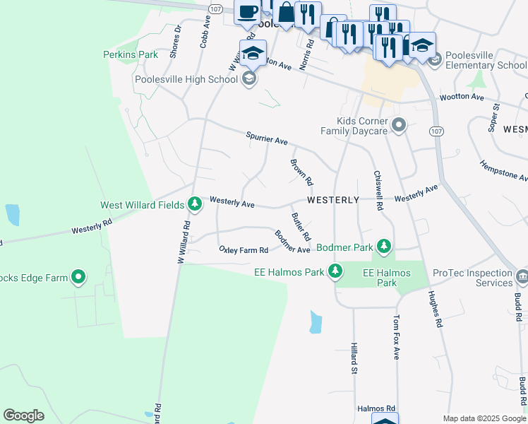 map of restaurants, bars, coffee shops, grocery stores, and more near 19916 Westerly Avenue in Poolesville
