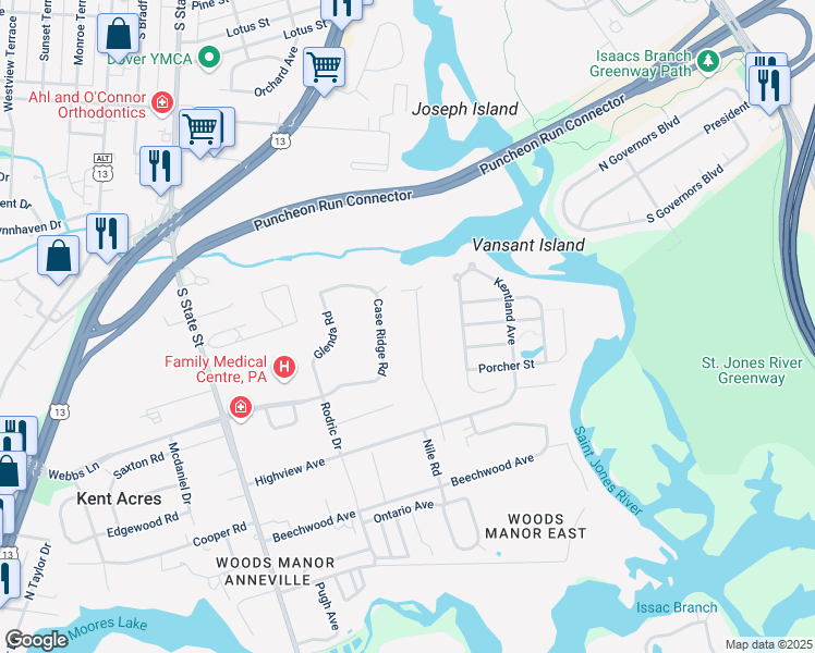 map of restaurants, bars, coffee shops, grocery stores, and more near 85 McBry Drive in Dover