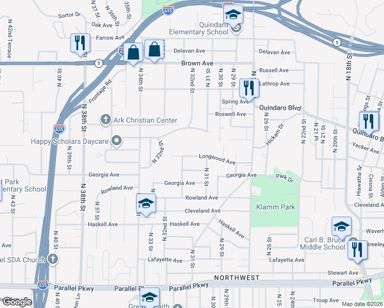 map of restaurants, bars, coffee shops, grocery stores, and more near 3137 Longwood Avenue in Kansas City