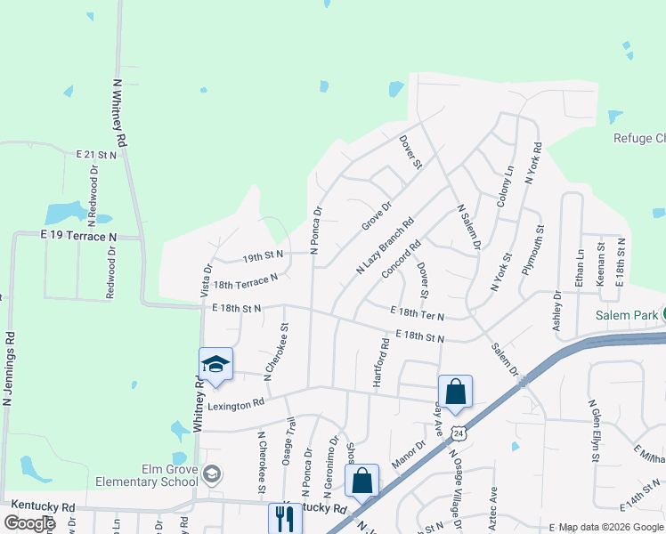 map of restaurants, bars, coffee shops, grocery stores, and more near 1810 North Lazy Branch Road in Independence