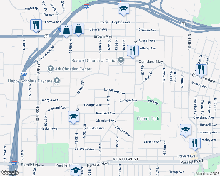 map of restaurants, bars, coffee shops, grocery stores, and more near 2920 Longwood Avenue in Kansas City