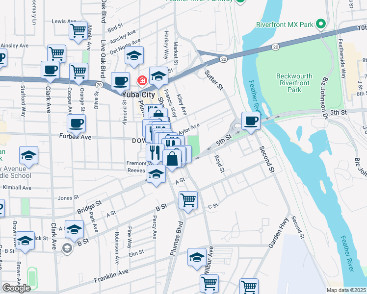 map of restaurants, bars, coffee shops, grocery stores, and more near 614 Shasta Street in Yuba City