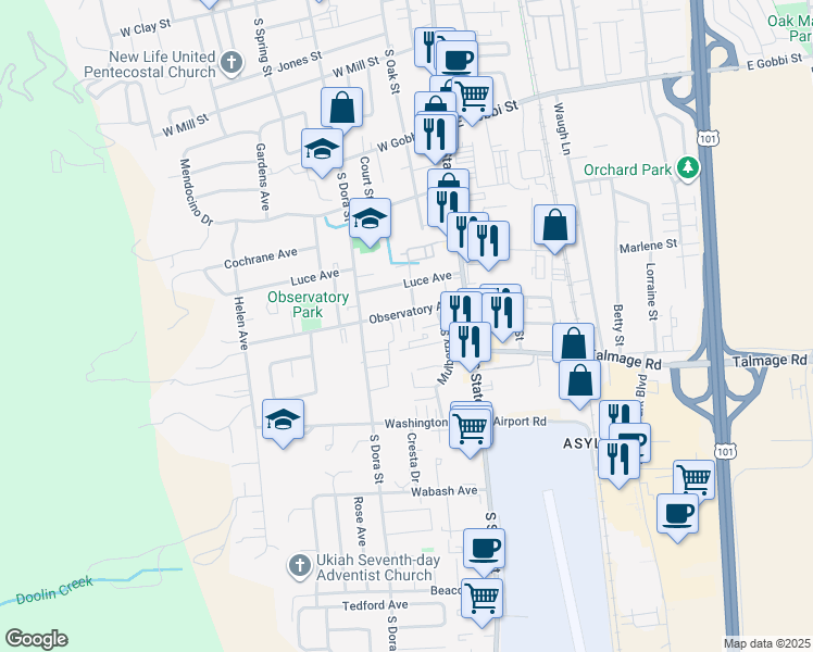 map of restaurants, bars, coffee shops, grocery stores, and more near 1150 Mulberry Street in Ukiah