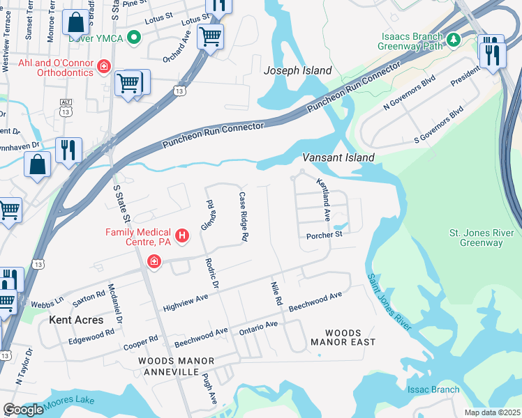 map of restaurants, bars, coffee shops, grocery stores, and more near 85 McBry Drive in Dover