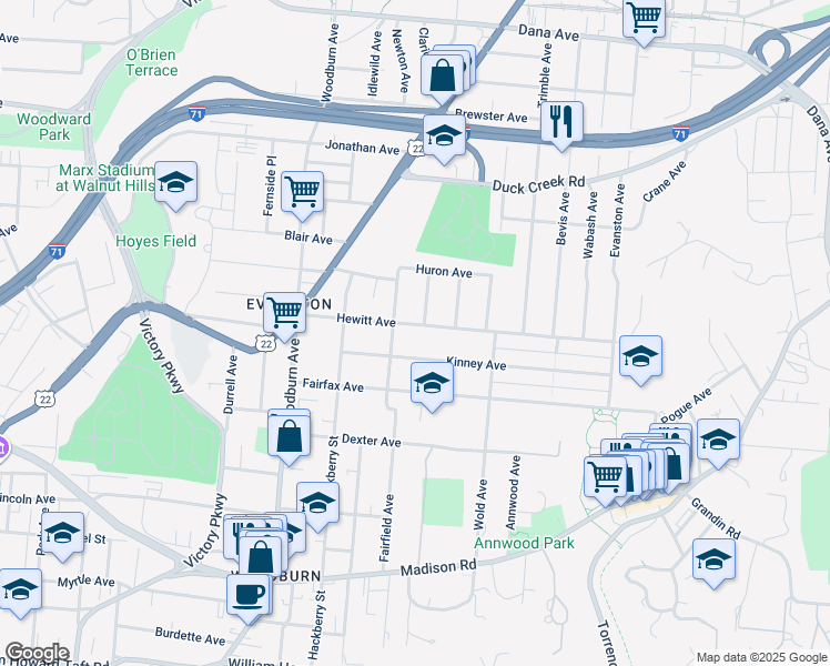 map of restaurants, bars, coffee shops, grocery stores, and more near 1824 Kinney Avenue in Cincinnati