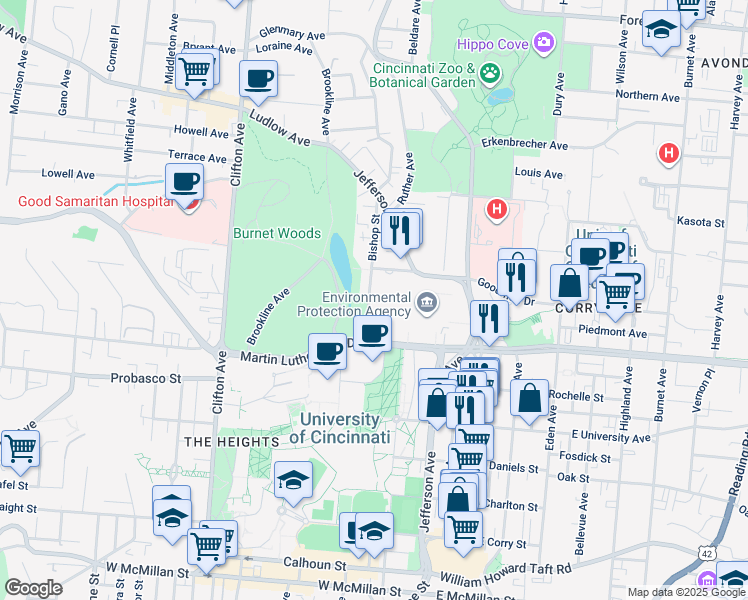 map of restaurants, bars, coffee shops, grocery stores, and more near 3130 Bishop Street in Cincinnati