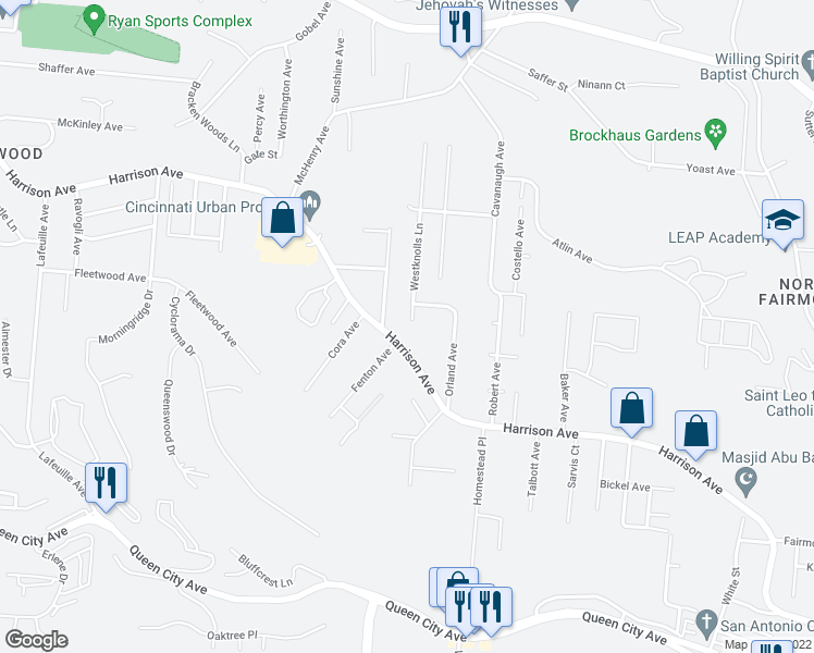 map of restaurants, bars, coffee shops, grocery stores, and more near 2294 Harrison Avenue in Cincinnati