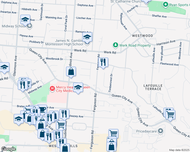 map of restaurants, bars, coffee shops, grocery stores, and more near 2940 Ferguson Road in Cincinnati