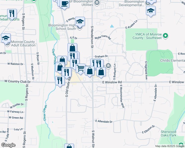 map of restaurants, bars, coffee shops, grocery stores, and more near 200 East Winslow Road in Bloomington