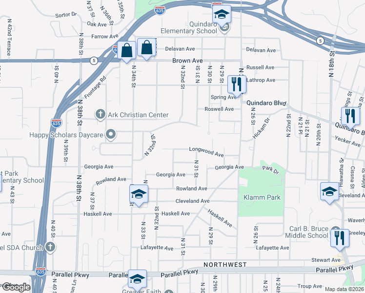 map of restaurants, bars, coffee shops, grocery stores, and more near 3137 Longwood Avenue in Kansas City