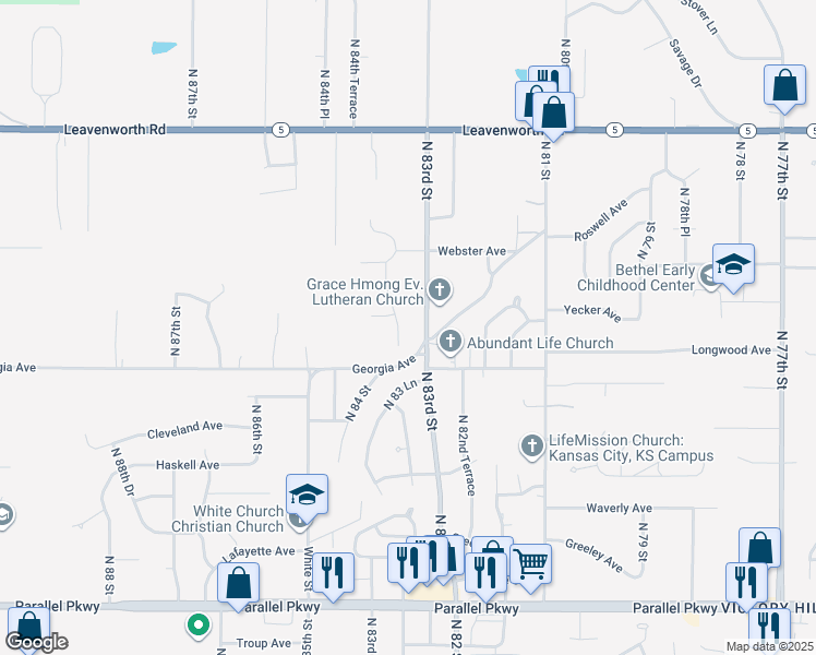 map of restaurants, bars, coffee shops, grocery stores, and more near 8320 Georgia Avenue in Kansas City