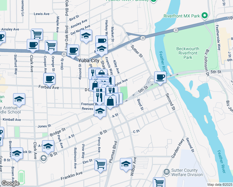 map of restaurants, bars, coffee shops, grocery stores, and more near 635 Shasta Street in Yuba City