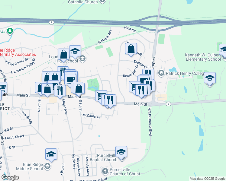 map of restaurants, bars, coffee shops, grocery stores, and more near 108 Ivy Hills Terrace in Purcellville