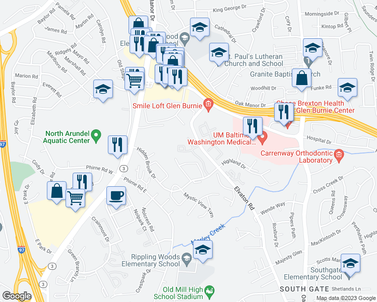 map of restaurants, bars, coffee shops, grocery stores, and more near Quiet Hollow Court in Glen Burnie