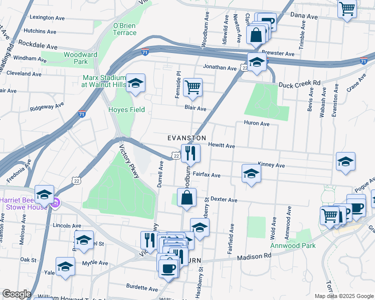map of restaurants, bars, coffee shops, grocery stores, and more near 3204 Woodburn Avenue in Cincinnati