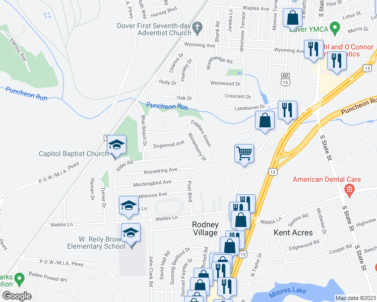 map of restaurants, bars, coffee shops, grocery stores, and more near 7 Dogwood Court in Dover