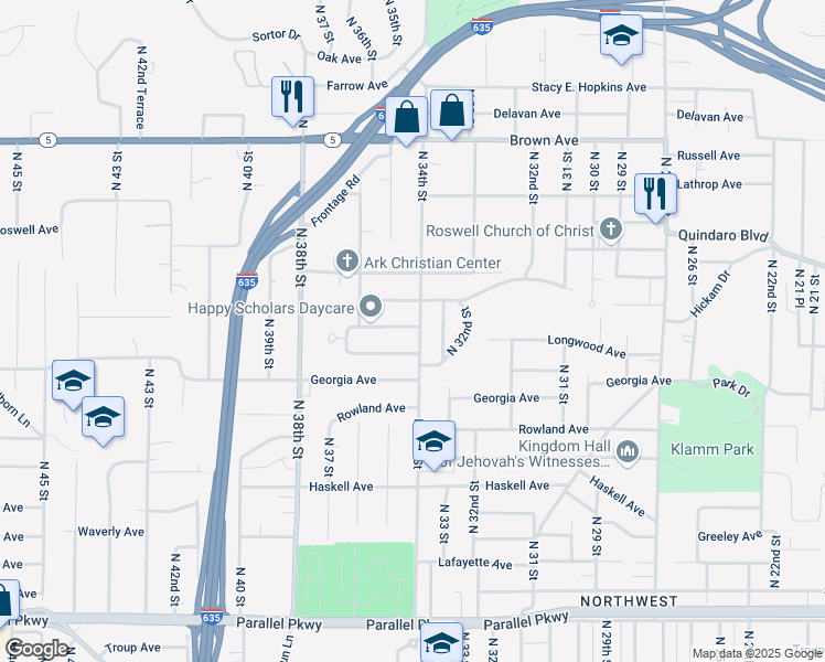 map of restaurants, bars, coffee shops, grocery stores, and more near 3415 Longwood Avenue in Kansas City