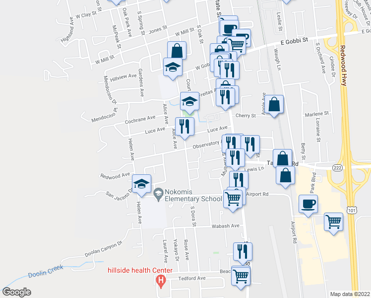 map of restaurants, bars, coffee shops, grocery stores, and more near Observatory Avenue in Ukiah