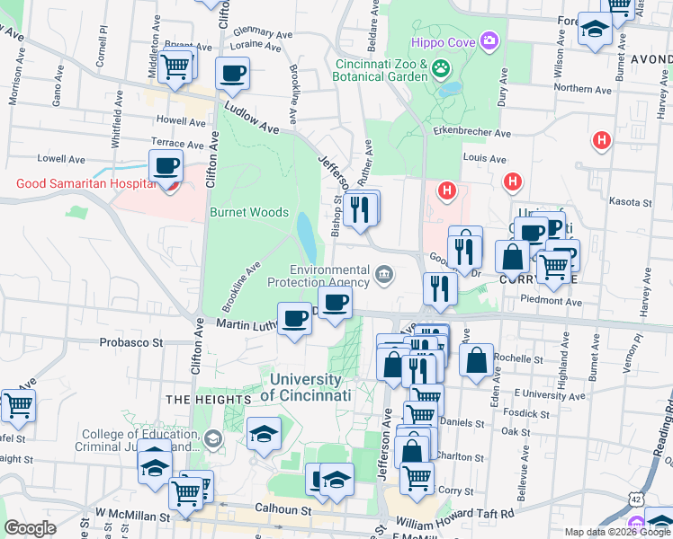 map of restaurants, bars, coffee shops, grocery stores, and more near 3130 Bishop Street in Cincinnati