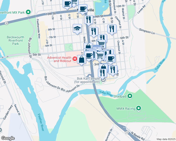 map of restaurants, bars, coffee shops, grocery stores, and more near 131 F Street in Marysville
