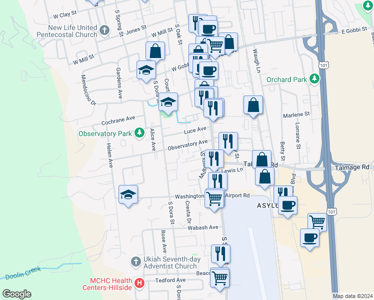 map of restaurants, bars, coffee shops, grocery stores, and more near 1130 Mulberry Street in Ukiah
