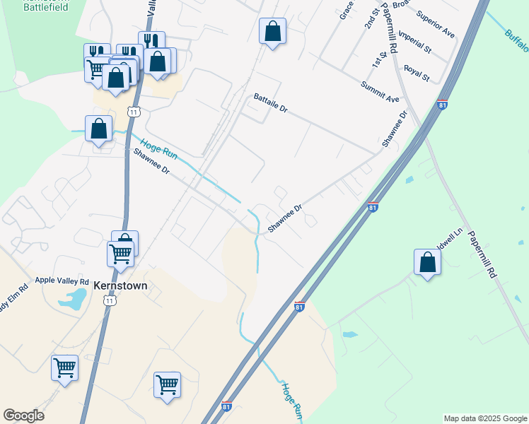 map of restaurants, bars, coffee shops, grocery stores, and more near 3158 Shawnee Drive in Winchester