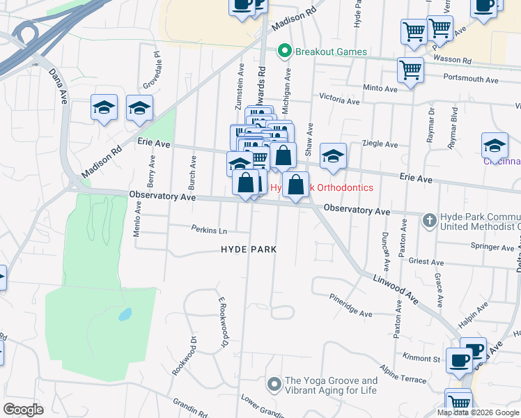 map of restaurants, bars, coffee shops, grocery stores, and more near 1339 Michigan Avenue in Cincinnati
