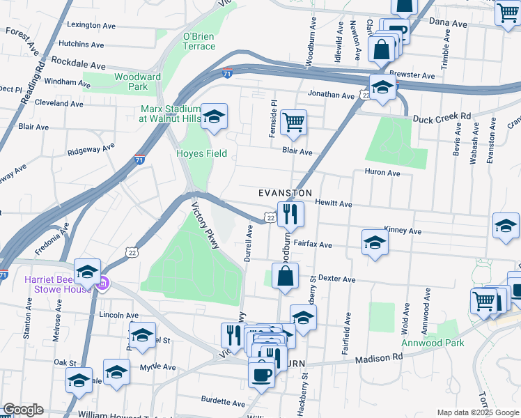 map of restaurants, bars, coffee shops, grocery stores, and more near 3152 Harvard Avenue in Cincinnati