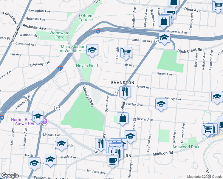 map of restaurants, bars, coffee shops, grocery stores, and more near 3152 Harvard Avenue in Cincinnati