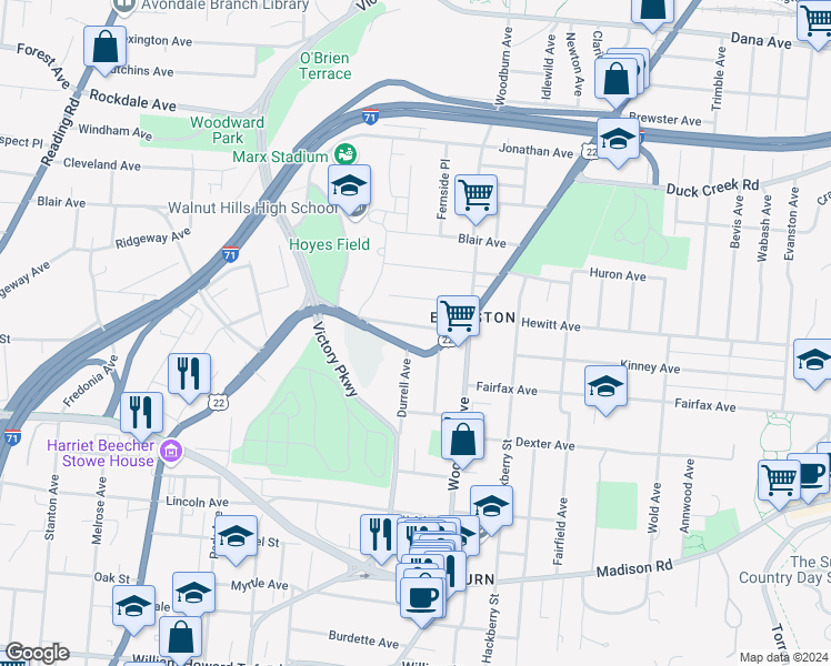 map of restaurants, bars, coffee shops, grocery stores, and more near 3143 Durrell Avenue in Cincinnati