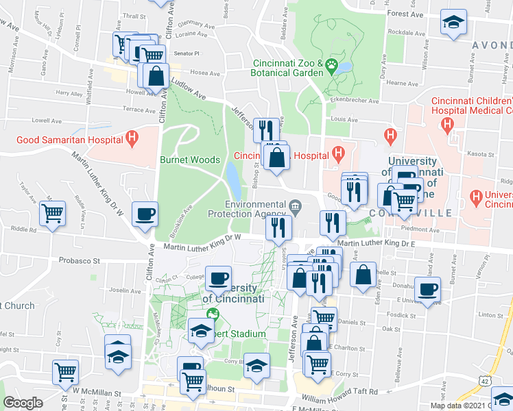 map of restaurants, bars, coffee shops, grocery stores, and more near 3130 Bishop Street in Cincinnati
