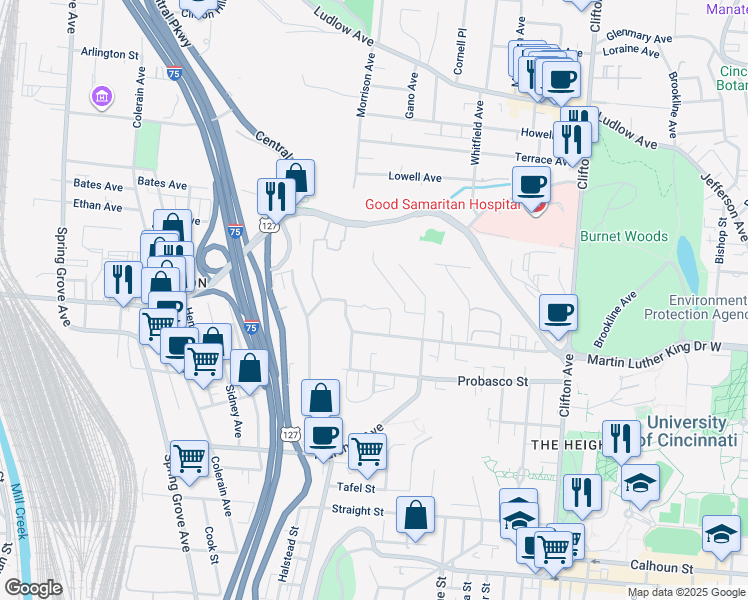 map of restaurants, bars, coffee shops, grocery stores, and more near 632 Riddle Road in Cincinnati