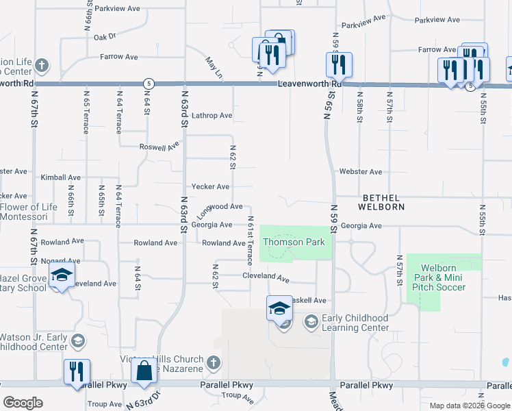 map of restaurants, bars, coffee shops, grocery stores, and more near 6110 Georgia Avenue in Kansas City