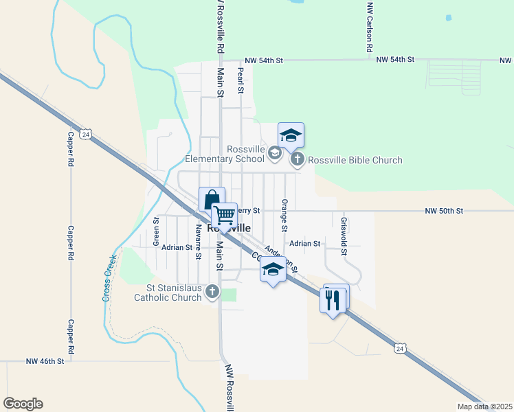 map of restaurants, bars, coffee shops, grocery stores, and more near 506 Pearl Street in Rossville