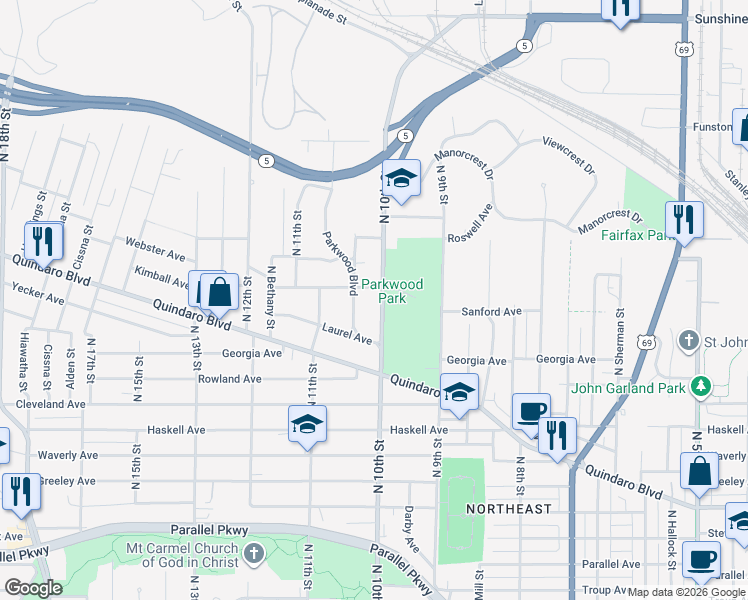 map of restaurants, bars, coffee shops, grocery stores, and more near 2728 North 10th Street in Kansas City