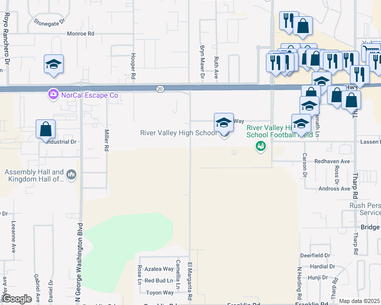 map of restaurants, bars, coffee shops, grocery stores, and more near 801 El Margarita Road in Yuba City