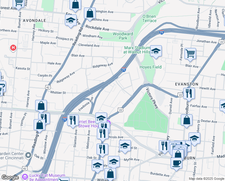 map of restaurants, bars, coffee shops, grocery stores, and more near 3068 Kerper Avenue in Cincinnati