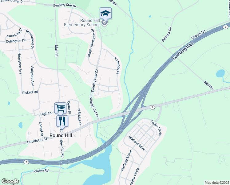 map of restaurants, bars, coffee shops, grocery stores, and more near 35937 Clover Terrace in Round Hill
