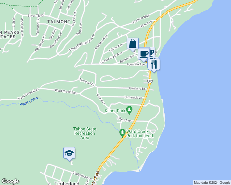 map of restaurants, bars, coffee shops, grocery stores, and more near 455 Pineland Drive in Tahoe City