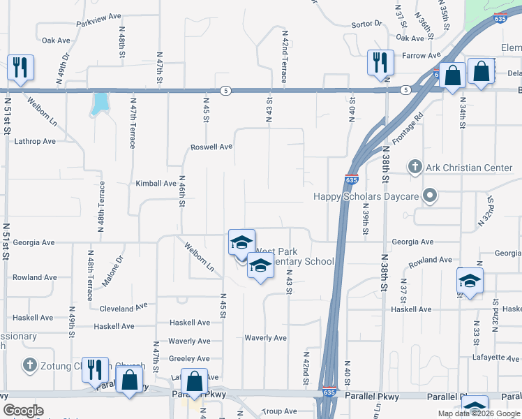 map of restaurants, bars, coffee shops, grocery stores, and more near 4348 Yecker Avenue in Kansas City