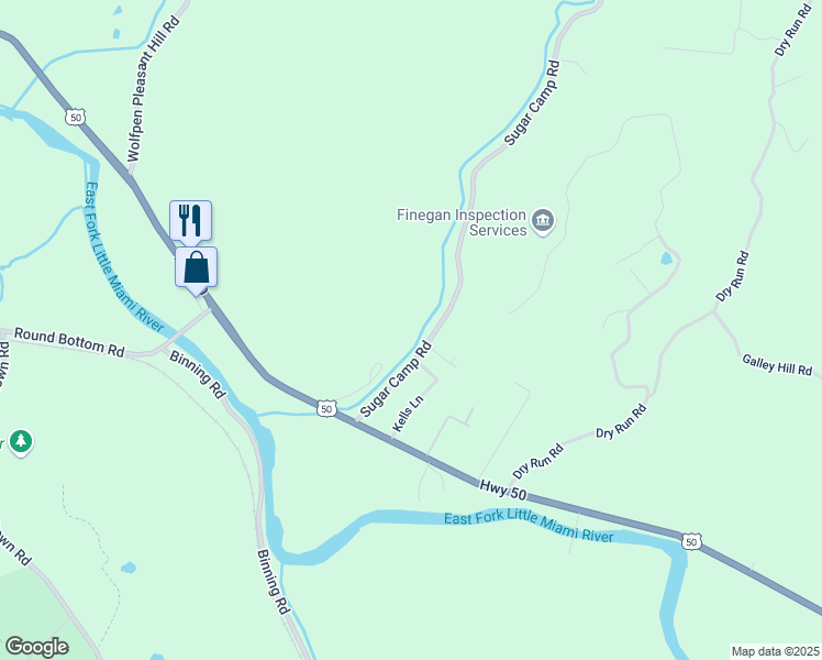 map of restaurants, bars, coffee shops, grocery stores, and more near 5095 Sugar Camp Road in Milford