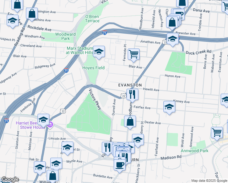 map of restaurants, bars, coffee shops, grocery stores, and more near 1517 Saint Leger Place in Cincinnati
